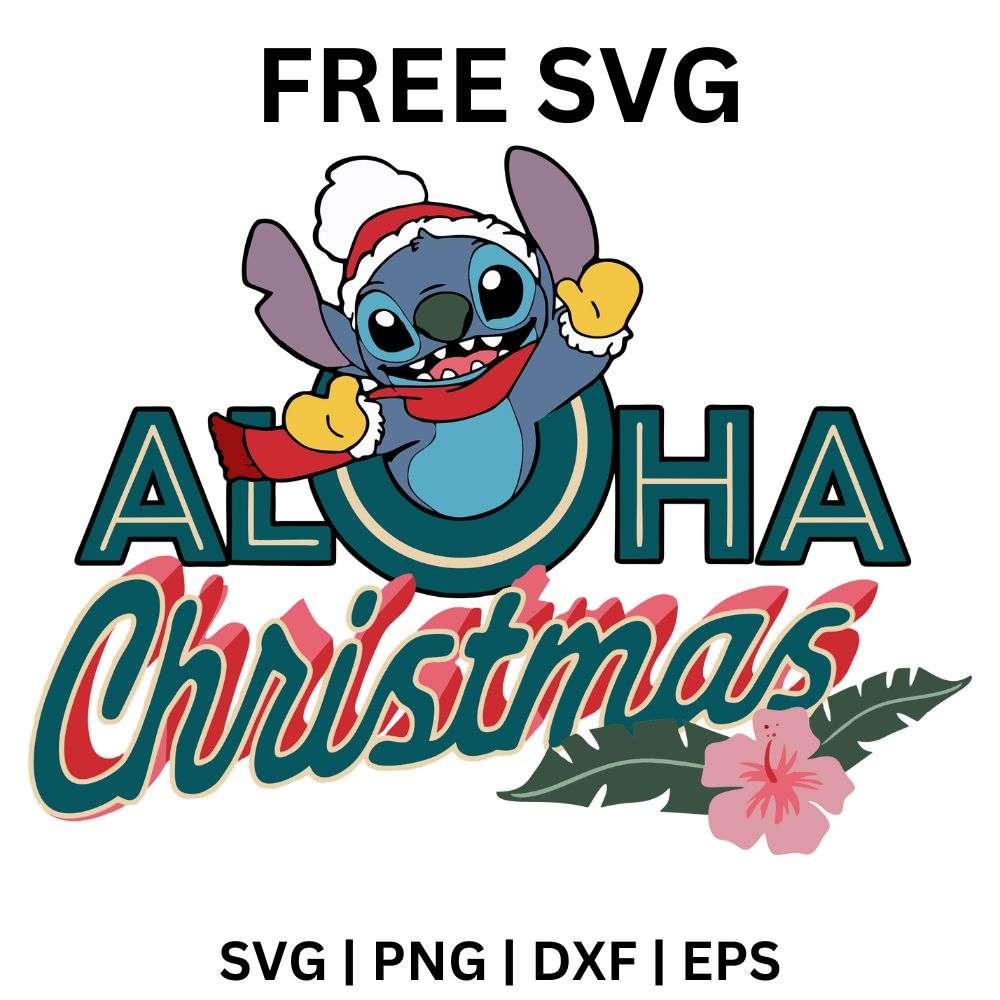 Teal aloha block letters and red Christmas script with a pink hibiscus and palm leaf below a waving blue alien in a Santa hat, free aloha Christmas SVG cut file preview.