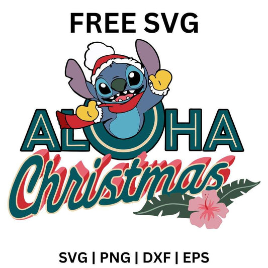Teal aloha block letters and red Christmas script with a pink hibiscus and palm leaf below a waving blue alien in a Santa hat, free aloha Christmas SVG cut file preview.