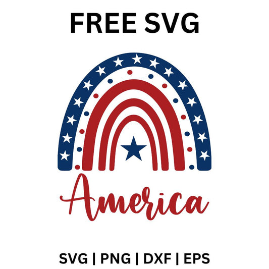 Patriotic rainbow with a navy star-studded outer band, red stripes, dots and a navy star in the center above red America script lettering, free 4th of July rainbow SVG cut file preview.