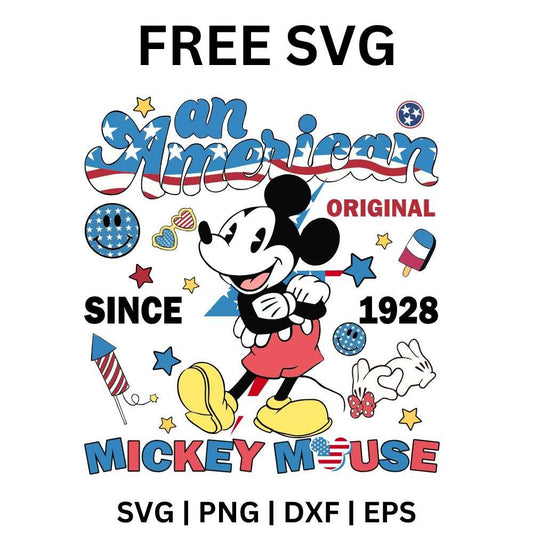 Retro blue an American original script with since 1928 text around a cartoon mouse surrounded by stars, fireworks and patriotic doodles, free American original SVG cut file preview.