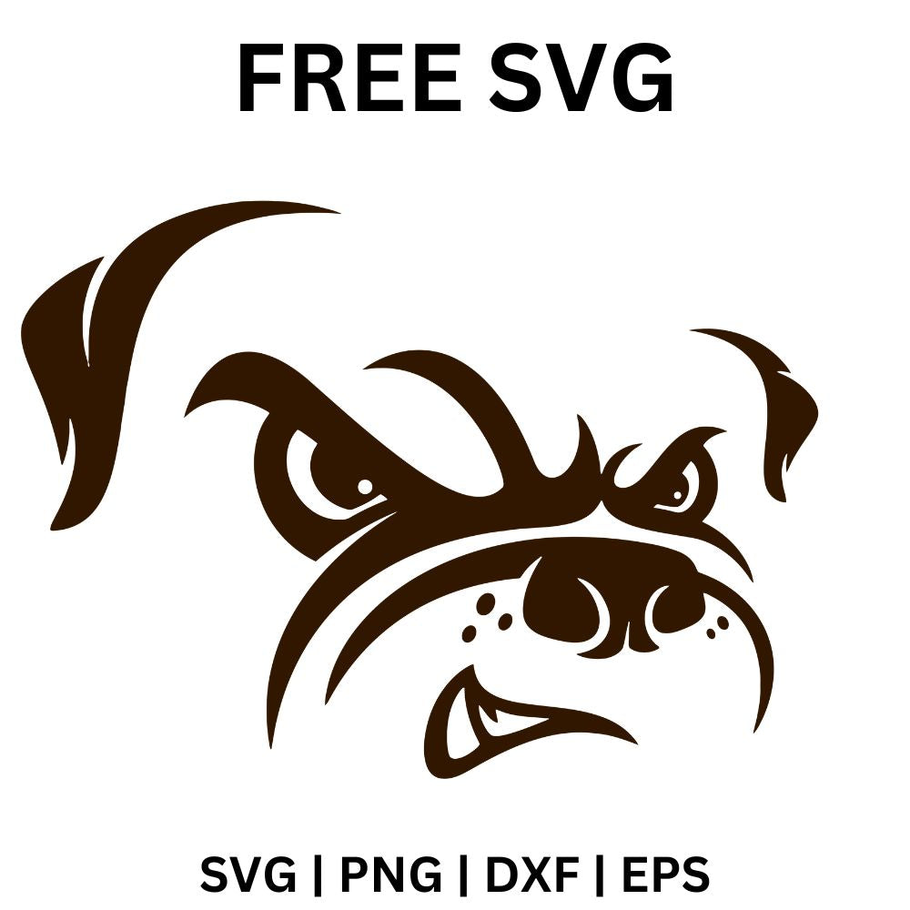 Dark brown line art of an angry bulldog face with furrowed brows and a snarling mouth, free bulldog face SVG cut file preview.