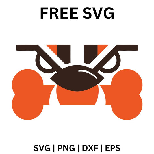 Angry dog eyes peeking over a brown and white striped helmet band above orange crossed dog bones, free dog eyes football SVG cut file preview.