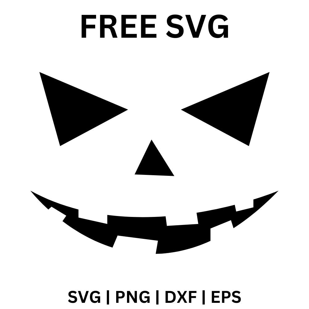 Black pumpkin face cutout with angry slanted triangle eyes, a triangle nose and a thin curved grin with small crooked teeth, free Halloween pumpkin face SVG cut file preview.