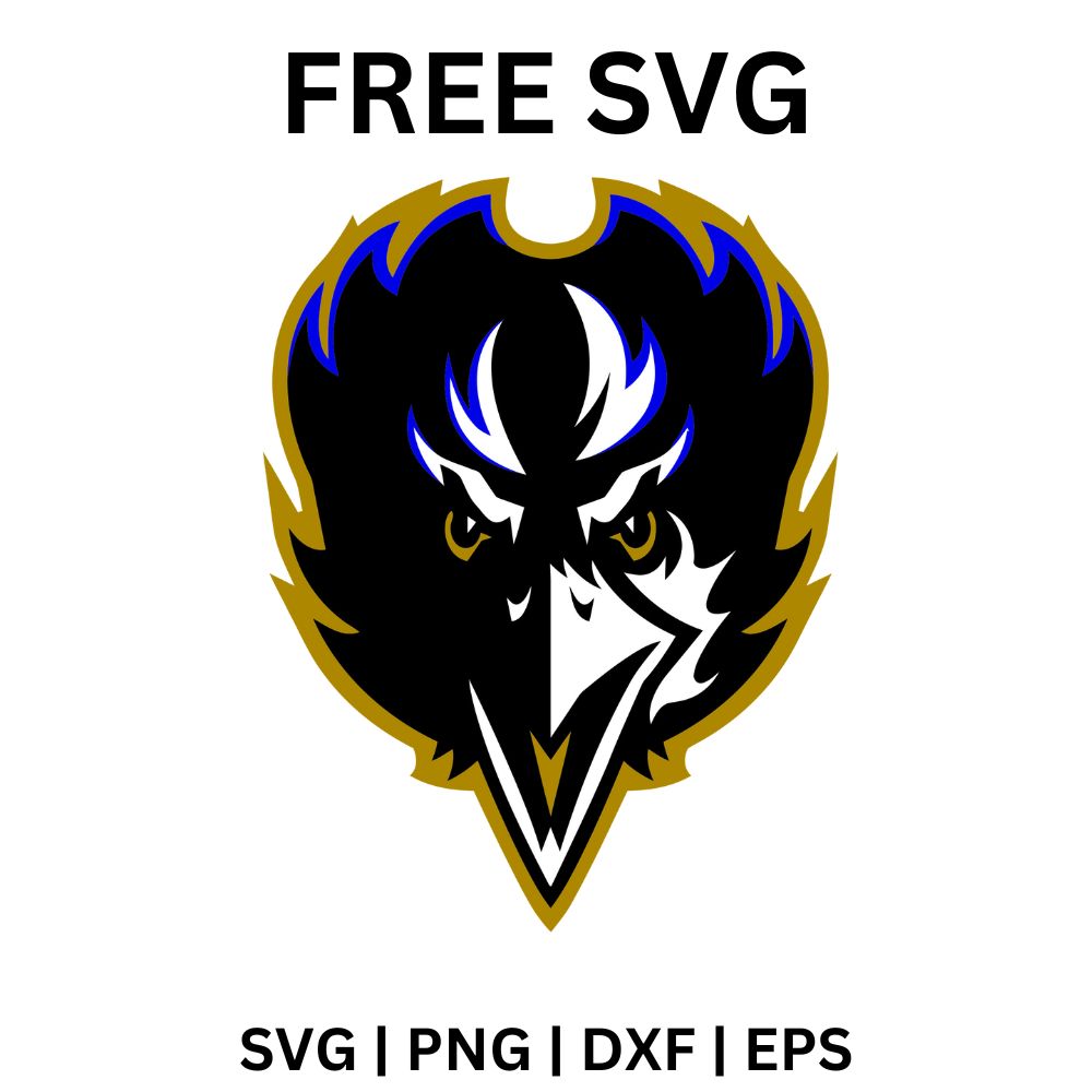 Front view of an angry black raven head with sharp feathers, a white beak and red eyes, outlined in purple and gold, free raven head mascot SVG cut file preview.