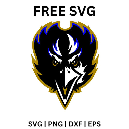 Front view of an angry black raven head with sharp feathers, a white beak and red eyes, outlined in purple and gold, free raven head mascot SVG cut file preview.