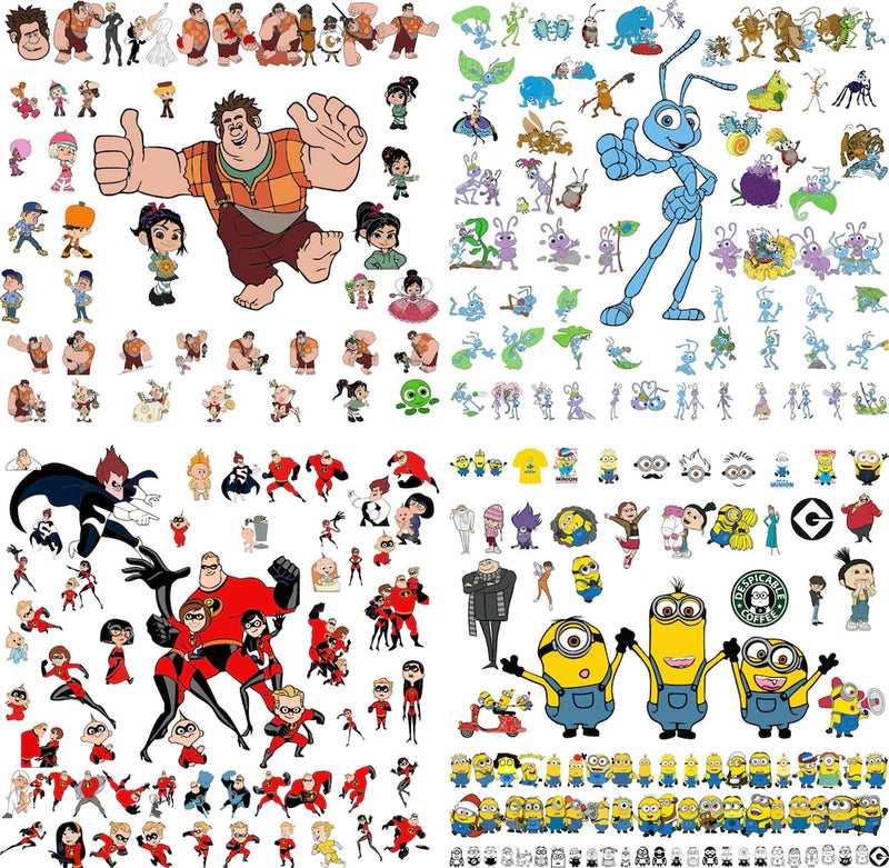Four-part collage of animated movie characters: a big-fisted video game hero, blue ant characters, a superhero family in red suits and small yellow goggle-wearing helpers, free animated characters bundle SVG cut file preview.