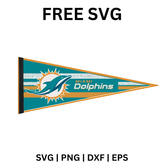 Aqua triangular pennant flag with orange stripes, a white felt edge, a small dolphin emblem and white team lettering, free sports pennant SVG cut file preview.