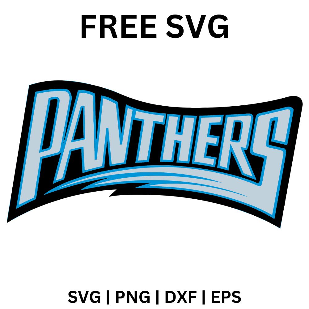Arched light blue team name wordmark with a thick black outline and a curved black swoosh underneath, free arched football wordmark SVG cut file preview.