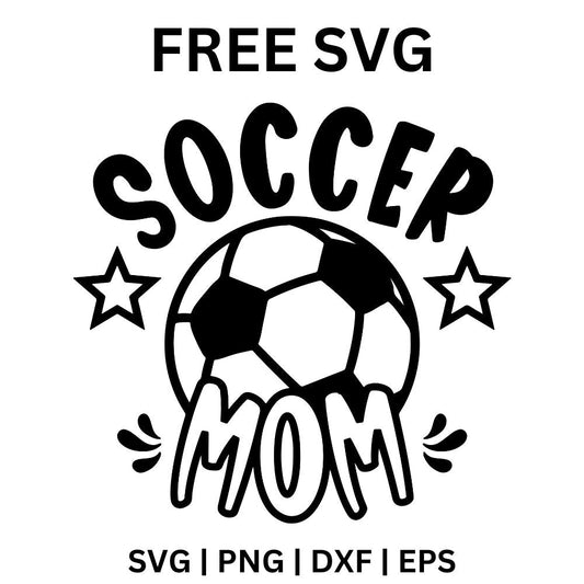 Arched bold Soccer text over a soccer ball flanked by two stars with curved Mom lettering below, free soccer mom SVG cut file preview.