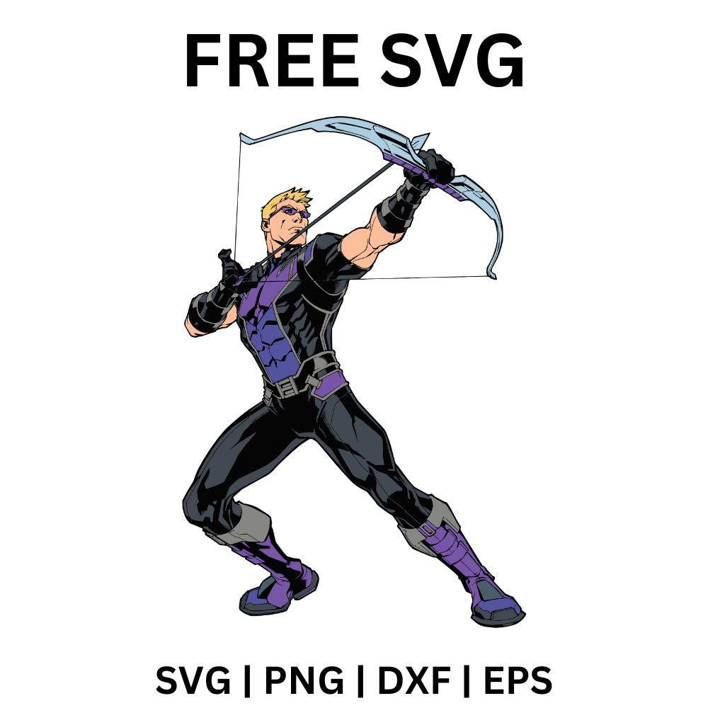 Archer hero in a purple and black tactical suit with sunglasses drawing back a large recurve bow, free archer hero SVG cut file preview.