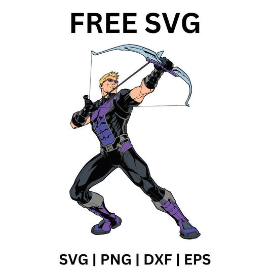 Archer hero in a purple and black tactical suit with sunglasses drawing back a large recurve bow, free archer hero SVG cut file preview.