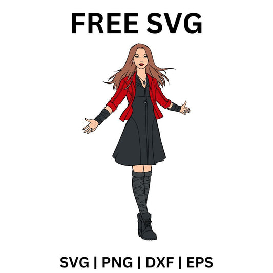 Long auburn-haired heroine in a red jacket, black dress, wrist cuffs and tall gray boots standing with arms out, free heroine outline SVG cut file preview.