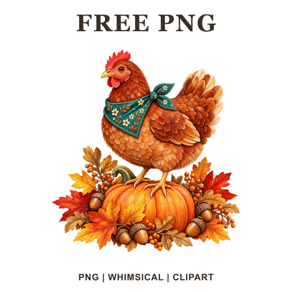 Brown hen with a teal bandana perched on an orange pumpkin with fall leaves, acorns and berries, free autumn chicken PNG