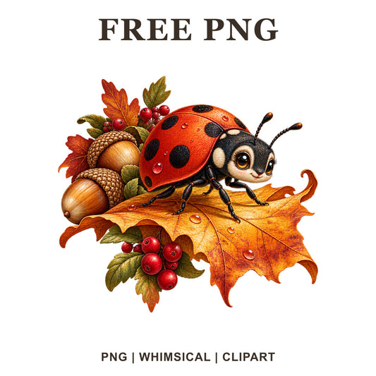 Cute ladybug clipart on an orange maple leaf with acorns and red berries, free autumn ladybug PNG