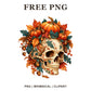 Fall skull clipart crowned with orange pumpkins, autumn leaves, acorns and berries, free autumn skull PNG