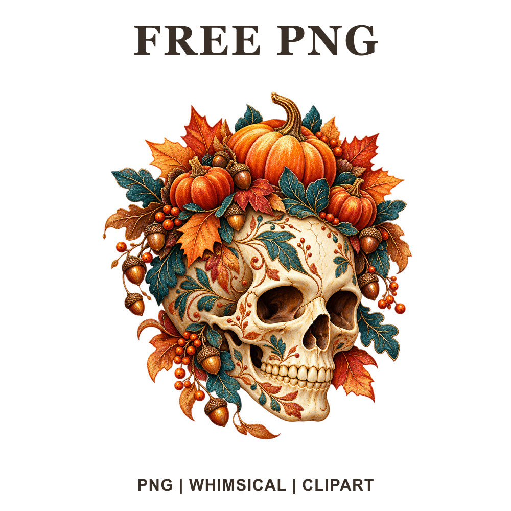 Fall skull clipart crowned with orange pumpkins, autumn leaves, acorns and berries, free autumn skull PNG