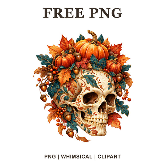 Fall skull clipart crowned with orange pumpkins, autumn leaves, acorns and berries, free autumn skull PNG