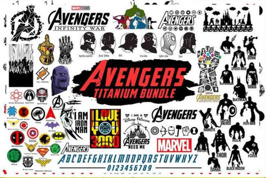Avengers Titanium bundle collage with Infinity War logos, Thanos, Iron Man, Thor, Black Widow and superhero silhouettes