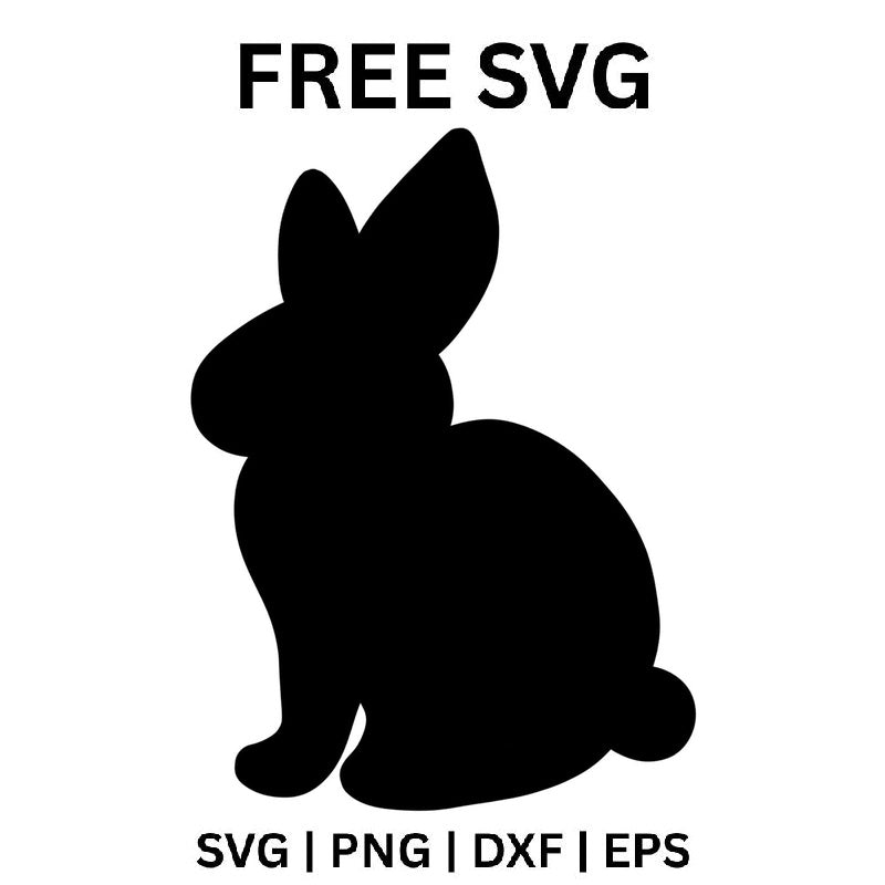 Black baby bunny silhouette sitting in side view facing left with a plump round body, two upright ears and a small round tail, free Easter bunny SVG cut file preview.
