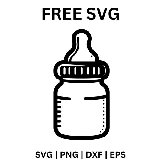 Simple black outline of a baby feeding bottle with a nipple, ribbed cap and measurement lines, free baby bottle outline SVG cut file preview.