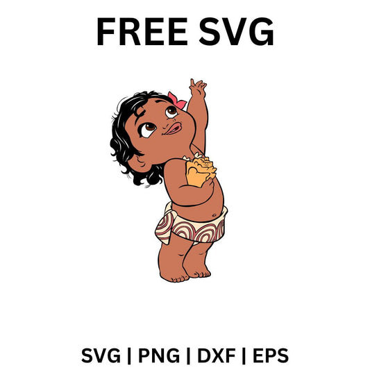 Baby island girl standing on tiptoe reaching one hand up high while clutching a yellow shell, free baby island girl SVG cut file preview.