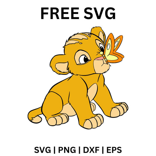 Baby golden lion cub sitting and looking cross eyed at an orange butterfly landing on its nose, free baby lion cub SVG cut file preview.