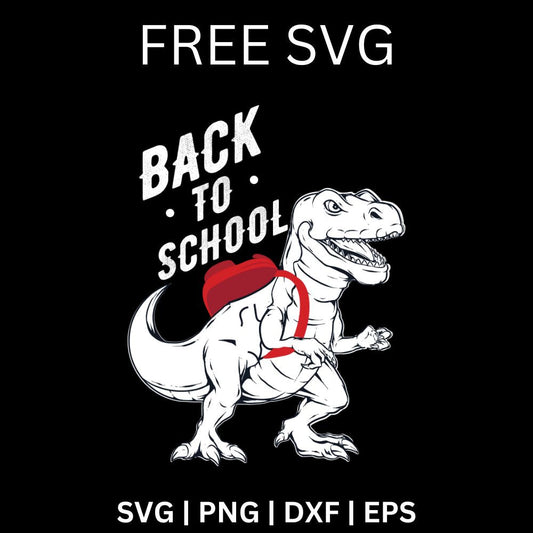 White T rex dinosaur wearing a red backpack beside distressed Back To School lettering on a black background, free dinosaur back to school SVG cut file preview.