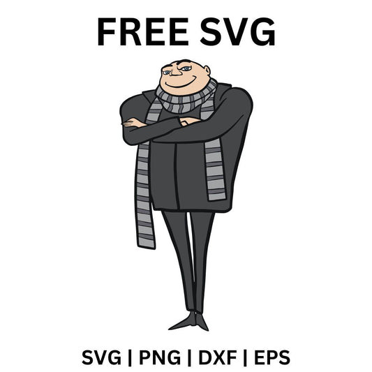 Tall bald cartoon villain with a long pointy nose in a dark coat and gray striped scarf standing with arms crossed, free cartoon villain SVG cut file preview.