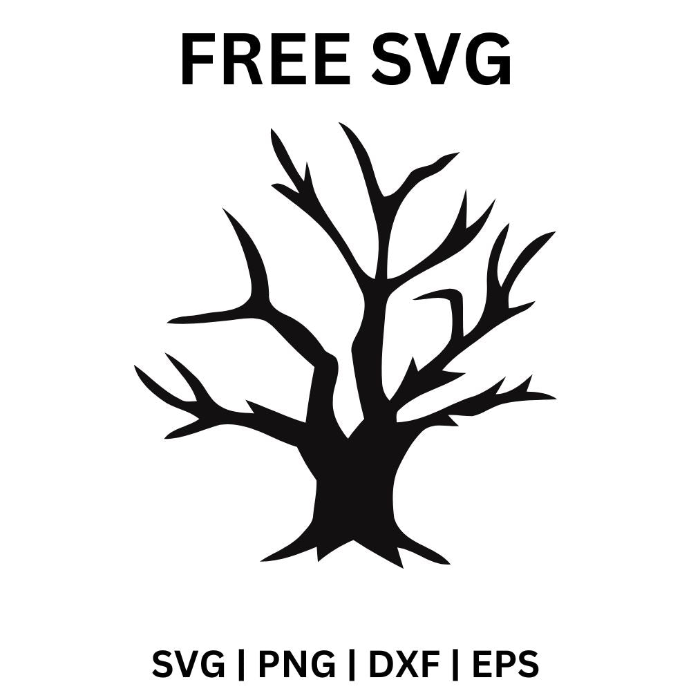 Black silhouette of a bare spooky tree with a thick gnarled trunk and twisted leafless branches, free spooky tree SVG cut file preview.