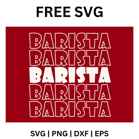 Barista word repeated five times in white outline letters with one solid white line on a dark red background, free barista repeating text SVG cut file preview.