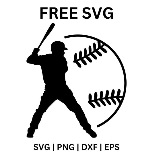 Black baseball batter silhouette in a ready stance with bat raised in front of a large stitched baseball outline, free baseball player SVG cut file preview.
