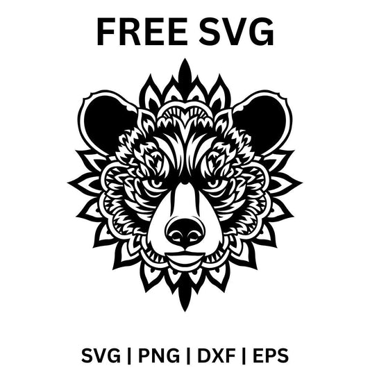 Black and white bear face with a calm stare surrounded by layered mandala petals and swirl patterns, free bear head mandala SVG cut file preview.