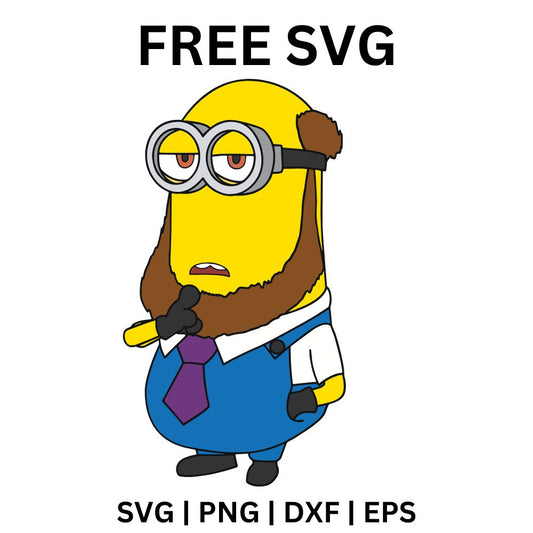 Bearded yellow helper with sleepy goggle eyes in a white shirt, purple tie and blue pants, free yellow helper SVG cut file preview.