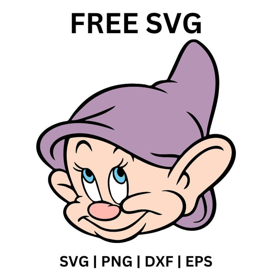 Sweet beardless young dwarf head with a floppy purple cap, big ears and wide blue eyes, free cartoon dwarf SVG cut file preview.