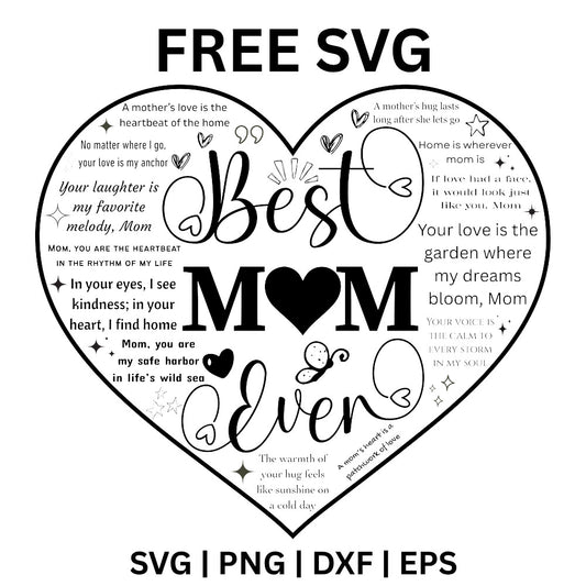 Black heart shaped word art reading Best Mom Ever, Mother's Day SVG design preview.