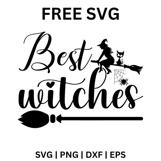 Black Best Witches script lettering with a witch and cat flying on a broom, a hanging spider and web, and a long broomstick underline, free best witches SVG cut file preview.
