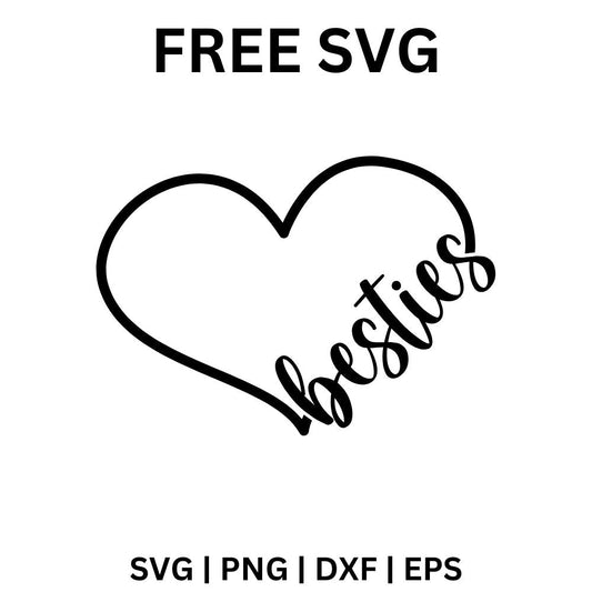 Black open heart outline with besties script forming the lower right side, free besties heart SVG cut file preview.