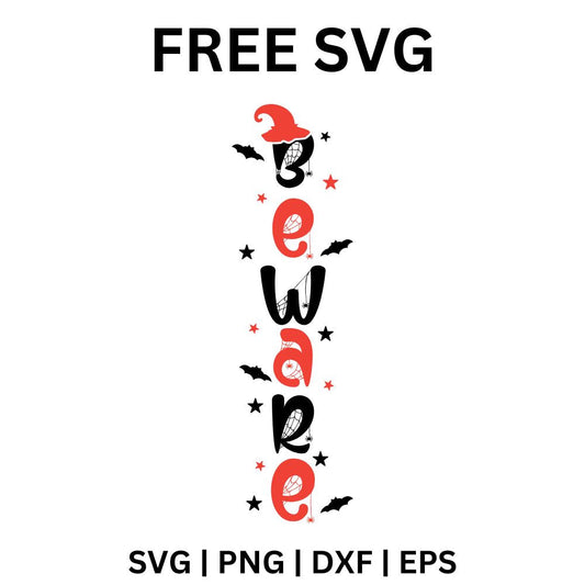 Black and red vertical Beware porch sign with a red witch hat on top, alternating black and red stacked letters, bats and stars, free Halloween porch sign SVG cut file preview.