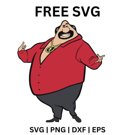 Big bald cartoon man with a thick mustache in an open red shirt and gold chain grinning with arms spread, free cartoon villain SVG cut file preview.