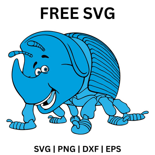 Big friendly blue cartoon rhino beetle with a curved horn, segmented shell and small legs, free cartoon beetle SVG cut file preview.