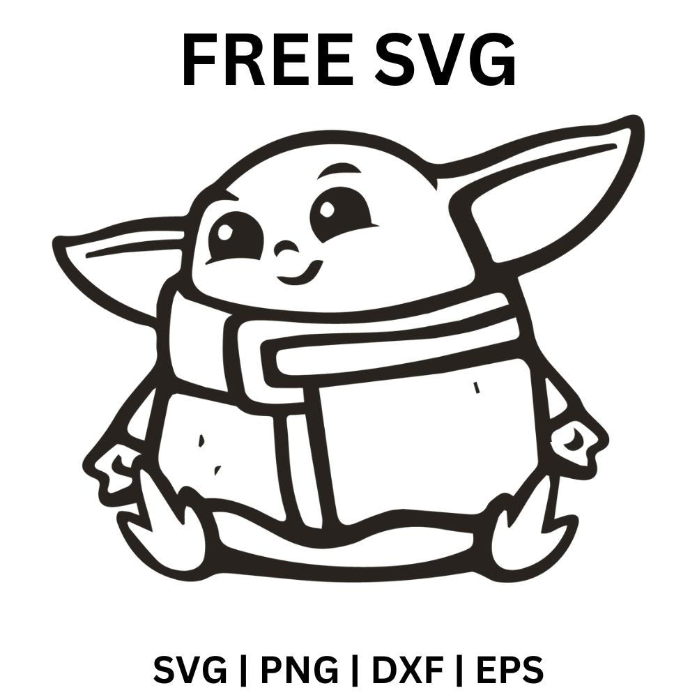 Black outline of a big-eared alien baby with wide eyes sitting in a bulky collared robe, free alien baby outline SVG cut file preview.