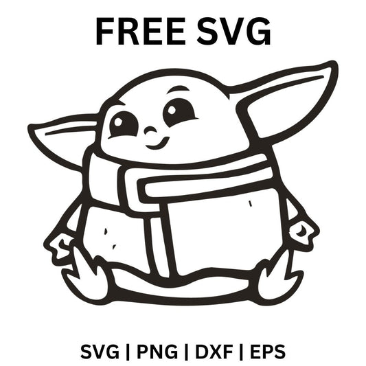 Black outline of a big-eared alien baby with wide eyes sitting in a bulky collared robe, free alien baby outline SVG cut file preview.