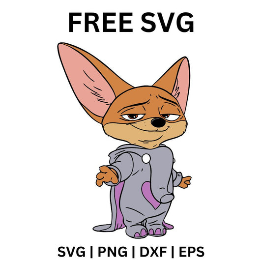 Grumpy little fennec fox with huge ears in a purple elephant onesie standing with arms crossed, free fennec fox SVG cut file preview.