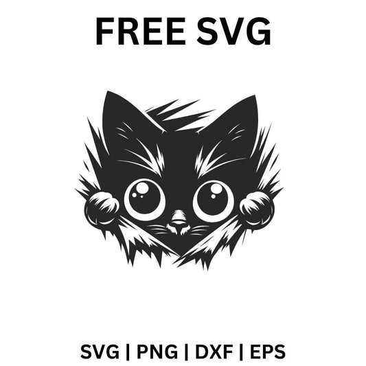Fluffy black kitten with huge round eyes peeking over an edge with its paws on each side, free big eyed cat SVG cut file preview.