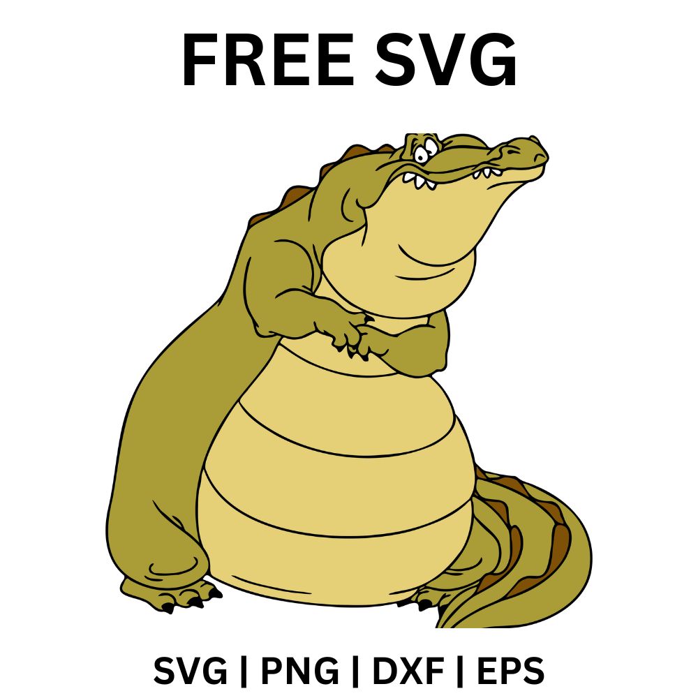 Big friendly cartoon alligator sitting upright with a round cream belly, crossed arms and a shy smile, free alligator SVG cut file preview.