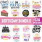 Birthday SVG bundle collage with colorful Happy Birthday to You lettering, birthday cakes, balloons and a Hello Sixty design