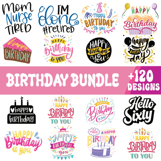 Birthday SVG bundle collage with colorful Happy Birthday to You lettering, birthday cakes, balloons and a Hello Sixty design