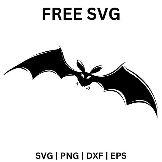 Black bat silhouette flying with wide spread wings, pointed ears and small fierce eyes, free Halloween bat SVG cut file preview.