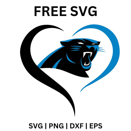 Black and blue brushstroke heart outline framing a snarling black and blue panther head, free panther heart football SVG cut file preview.