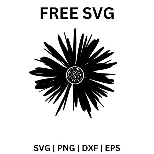 Black daisy silhouette with long brush stroke petals radiating from a round dotted center, free daisy SVG cut file preview.